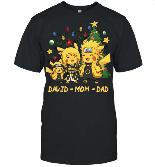 Pikachu x Naruto Parents & Son Custom Name Christmas T-Shirt for Family