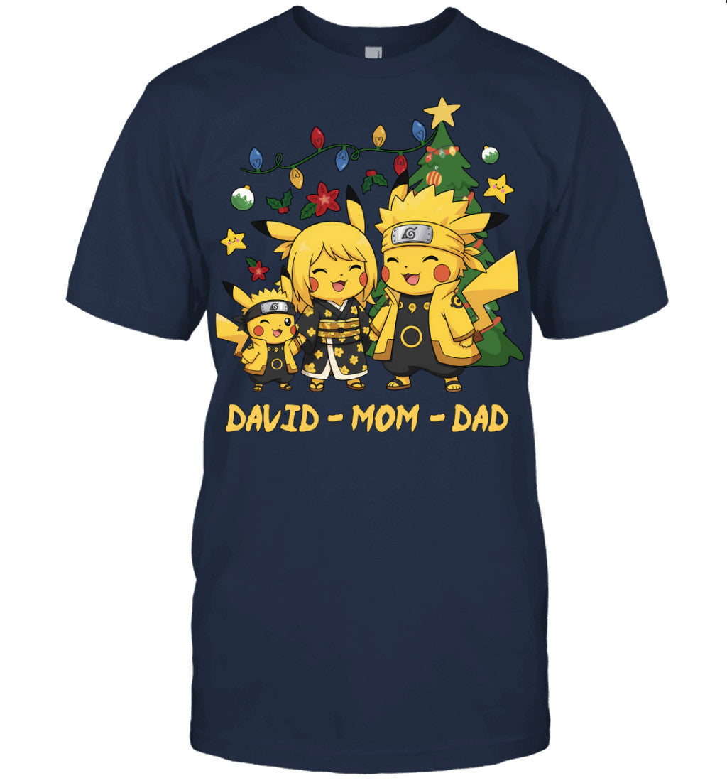 Pikachu x Naruto Parents & Son Custom Name Christmas T-Shirt for Family
