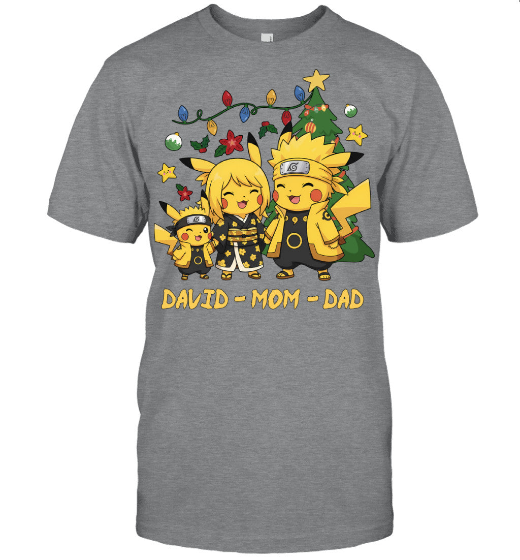 Pikachu x Naruto Parents & Son Custom Name Christmas T-Shirt for Family