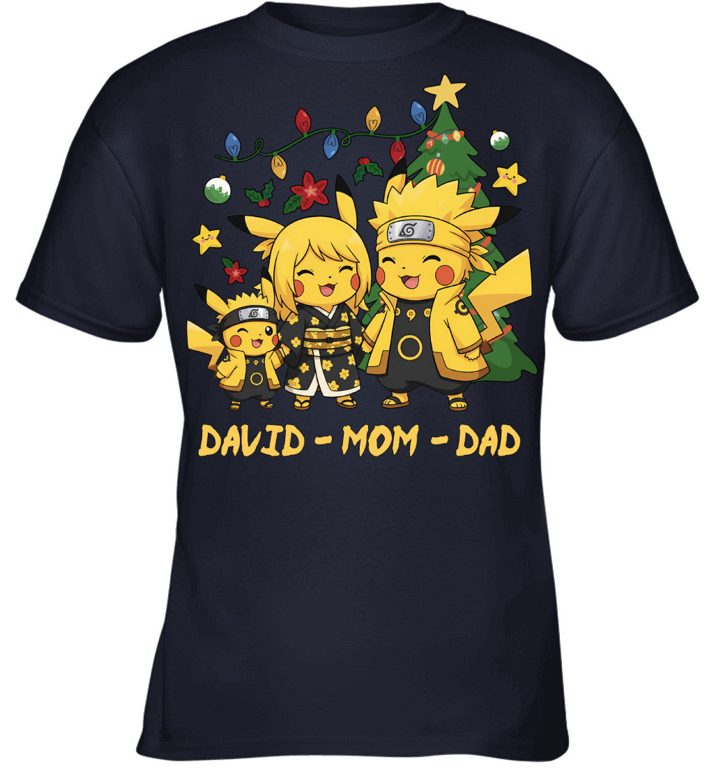 Pikachu x Naruto Parents & Son Custom Name Christmas T-Shirt for Family