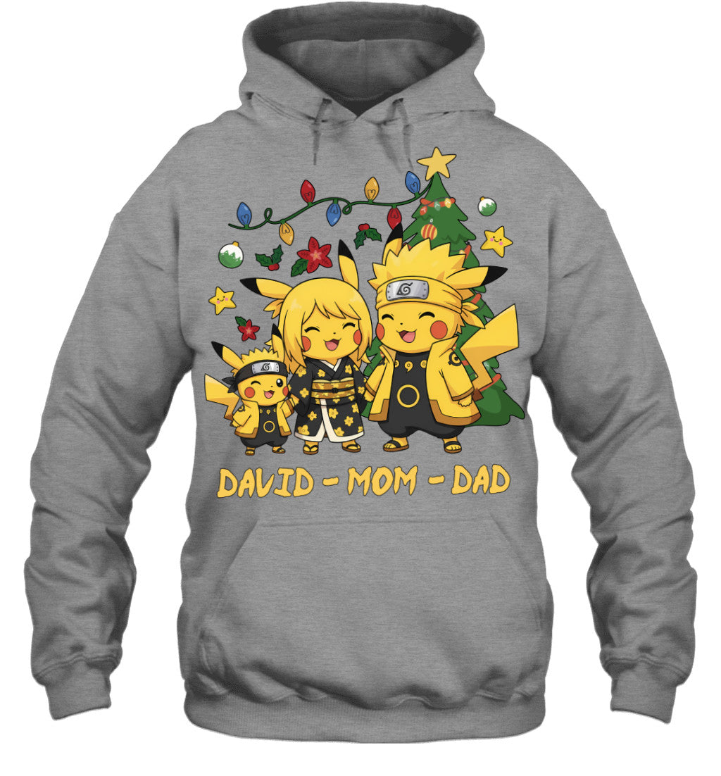 Pikachu x Naruto Parents & Son Custom Name Christmas T-Shirt for Family