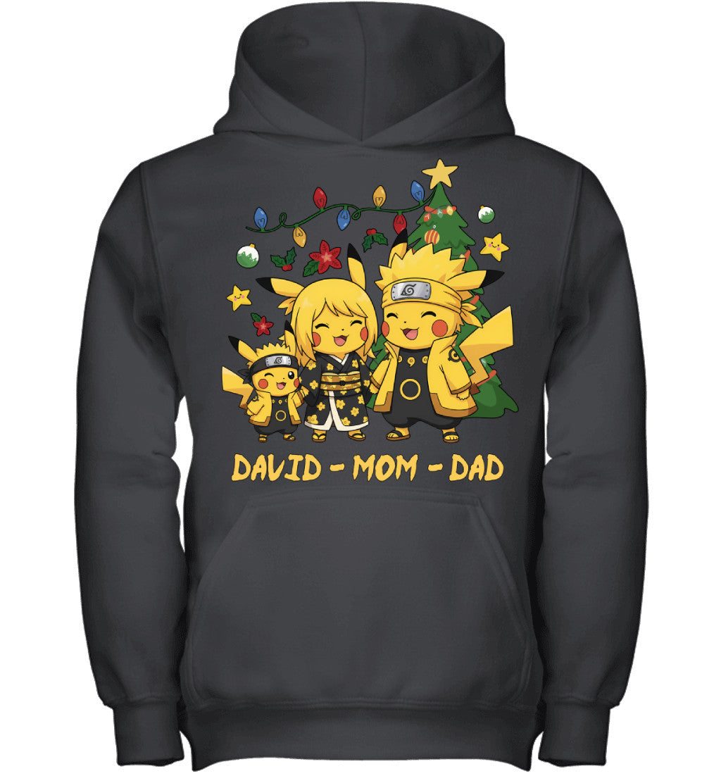 Pikachu x Naruto Parents & Son Custom Name Christmas T-Shirt for Family