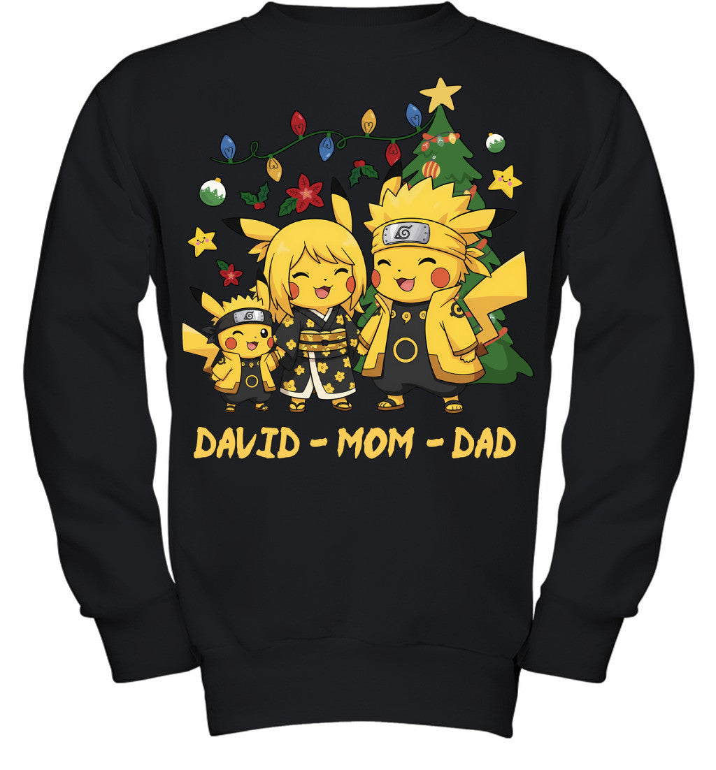 Pikachu x Naruto Parents & Son Custom Name Christmas T-Shirt for Family
