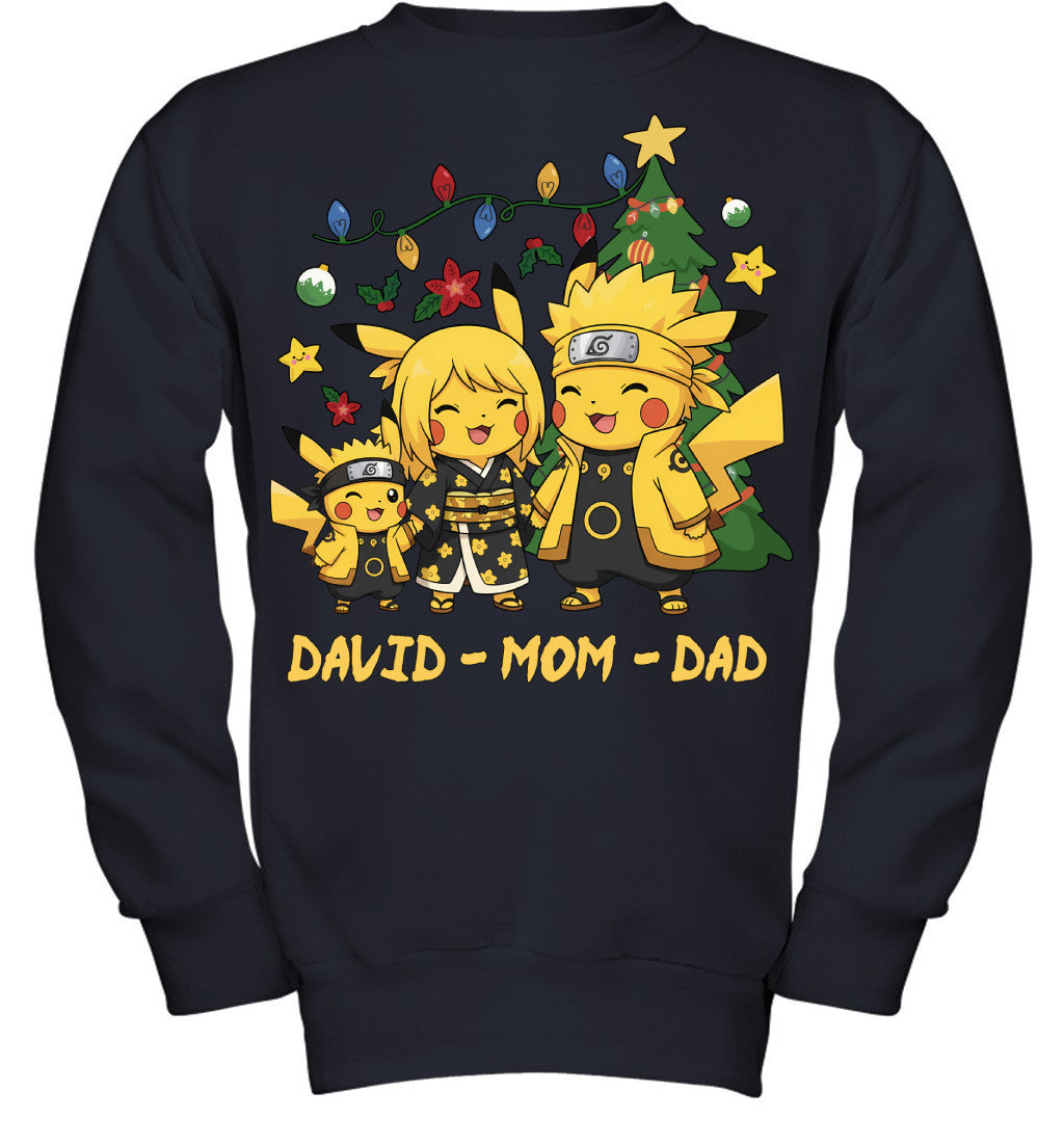 Pikachu x Naruto Parents & Son Custom Name Christmas T-Shirt for Family