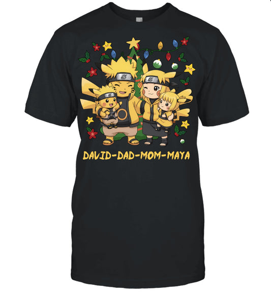 Pikachu x Naruto Parents & Kids Custom Name Christmas T-Shirt for Family