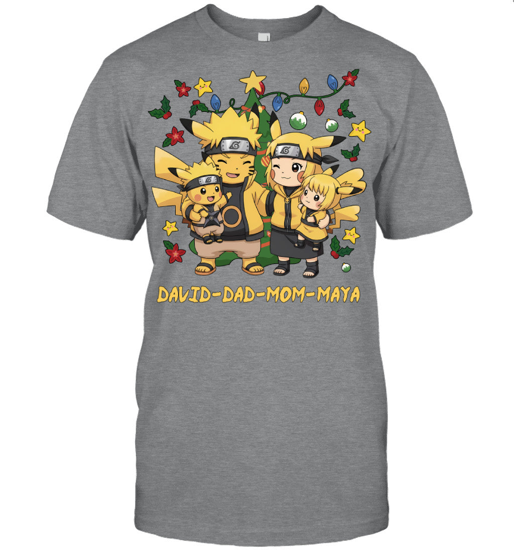 Pikachu x Naruto Parents & Kids Custom Name Christmas T-Shirt for Family