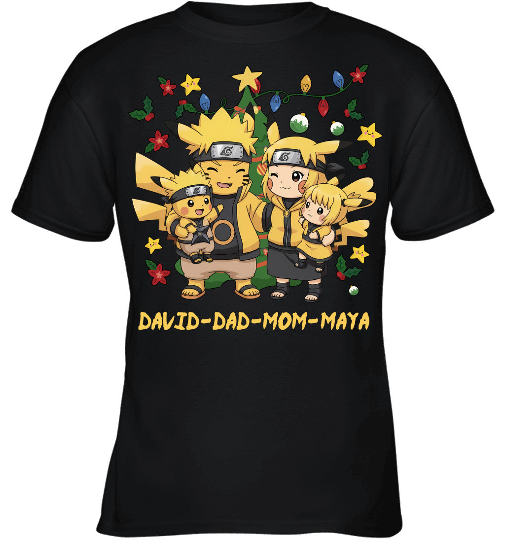 Pikachu x Naruto Parents & Kids Custom Name Christmas T-Shirt for Family