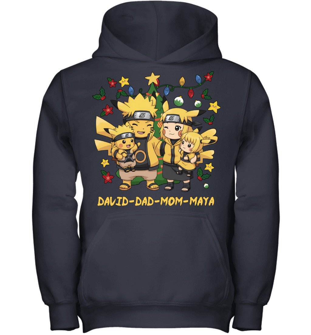 Pikachu x Naruto Parents & Kids Custom Name Christmas T-Shirt for Family
