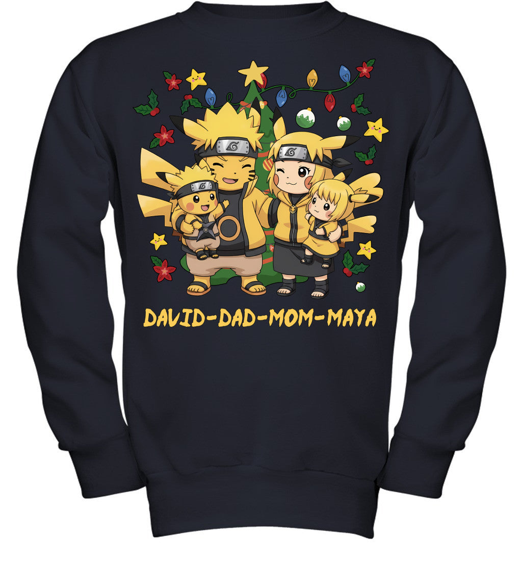 Pikachu x Naruto Parents & Kids Custom Name Christmas T-Shirt for Family
