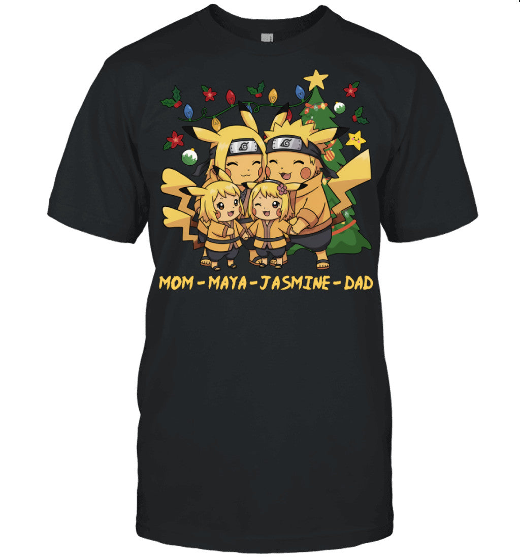 Pikachu x Naruto Parents & Daughters Custom Name Christmas T-Shirt for Family