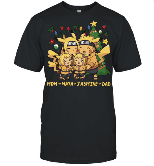 Pikachu x Naruto Parents & Daughters Custom Name Christmas T-Shirt for Family