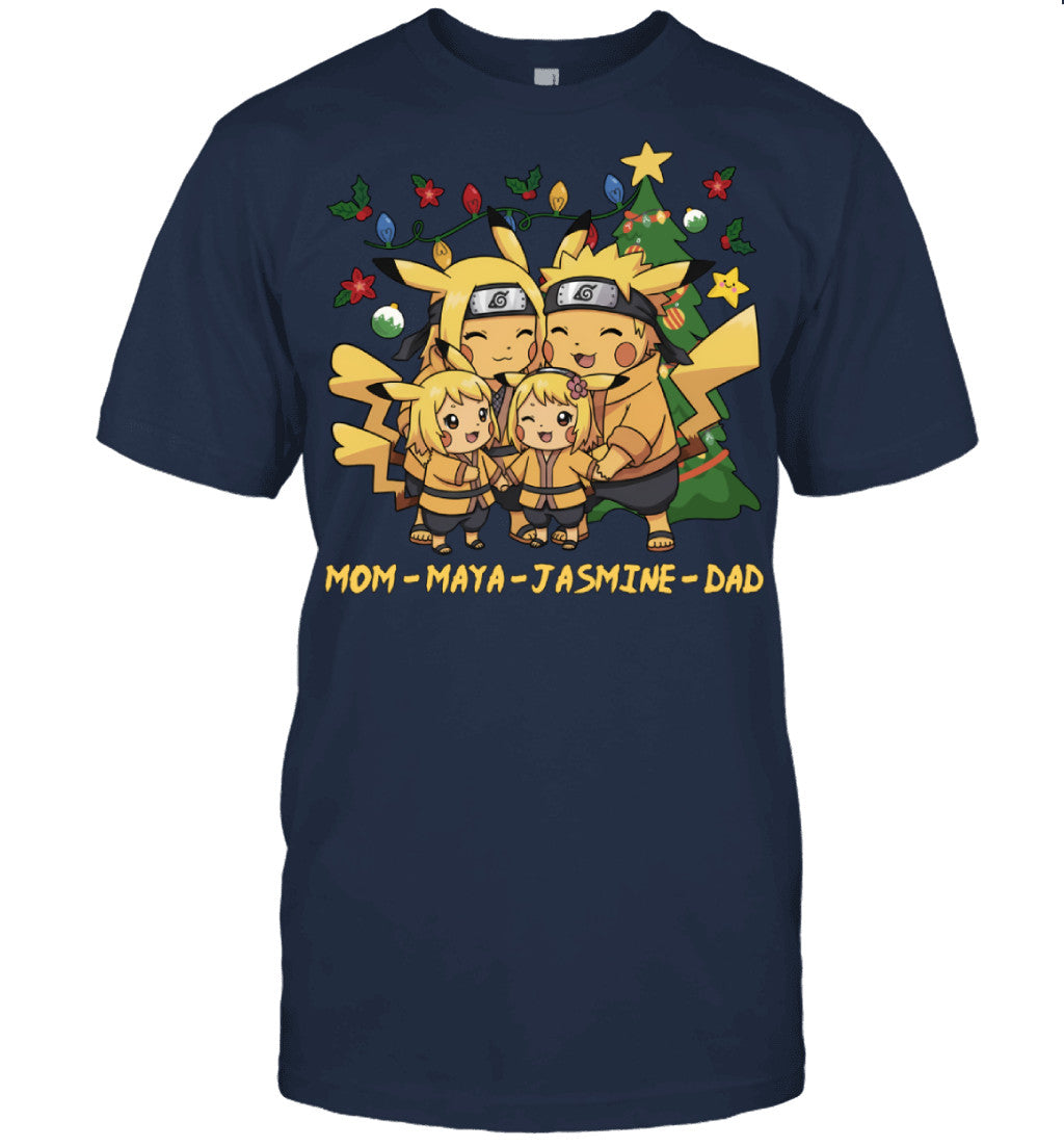 Pikachu x Naruto Parents & Daughters Custom Name Christmas T-Shirt for Family