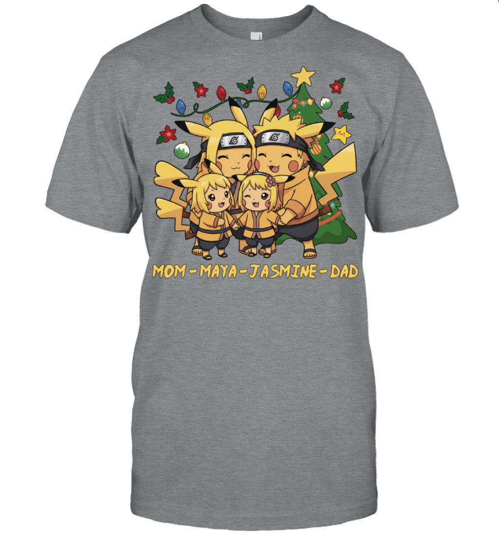 Pikachu x Naruto Parents & Daughters Custom Name Christmas T-Shirt for Family