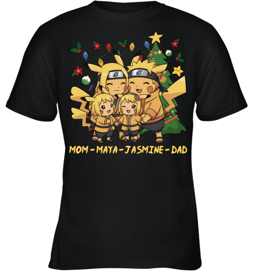 Pikachu x Naruto Parents & Daughters Custom Name Christmas T-Shirt for Family