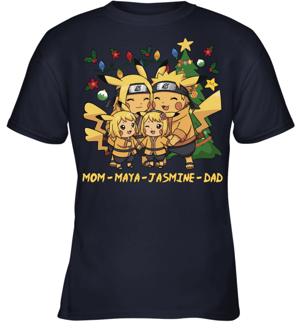 Pikachu x Naruto Parents & Daughters Custom Name Christmas T-Shirt for Family