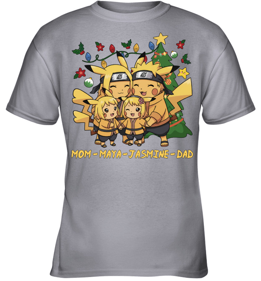 Pikachu x Naruto Parents & Daughters Custom Name Christmas T-Shirt for Family