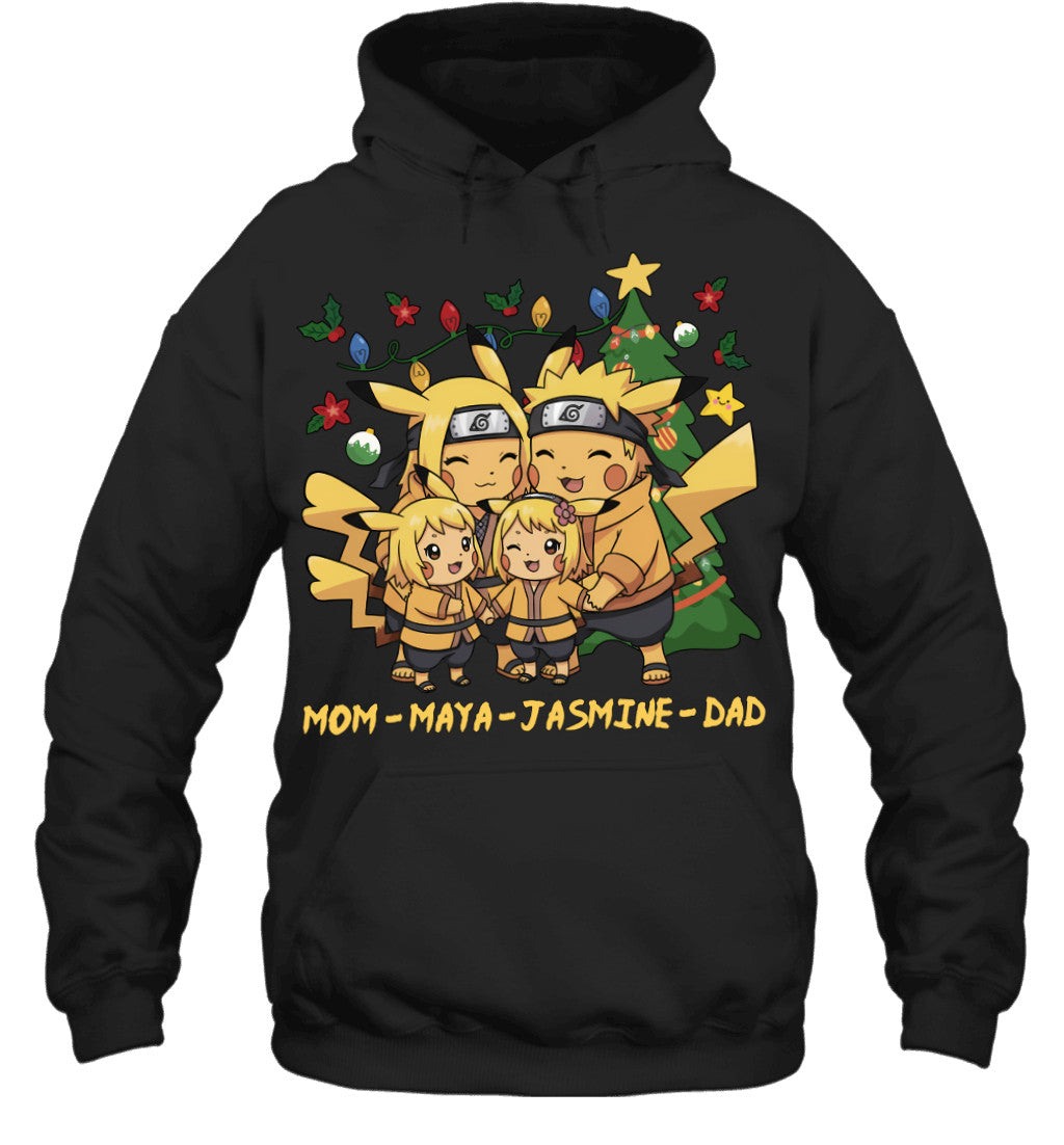 Pikachu x Naruto Parents & Daughters Custom Name Christmas T-Shirt for Family