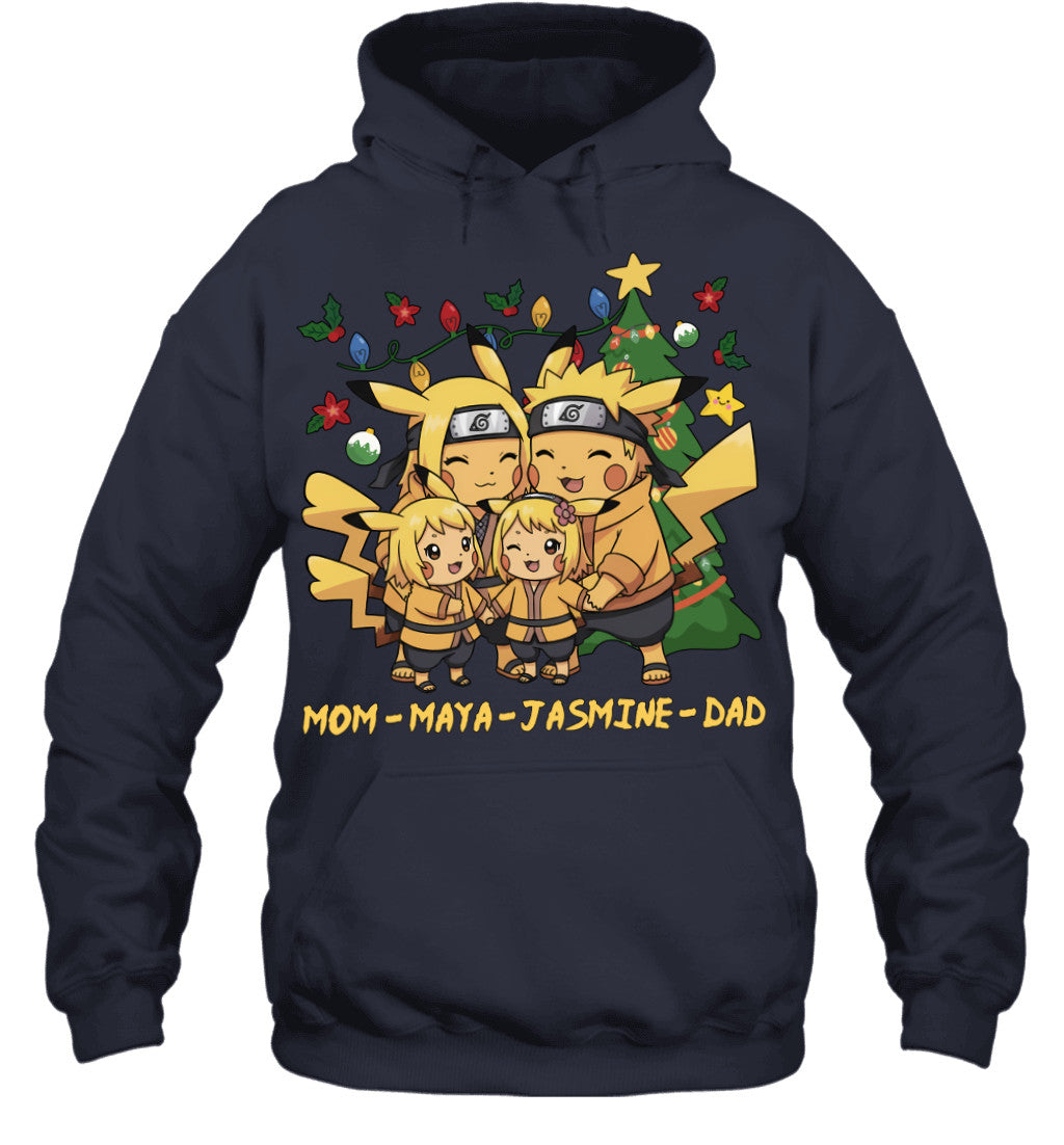 Pikachu x Naruto Parents & Daughters Custom Name Christmas T-Shirt for Family