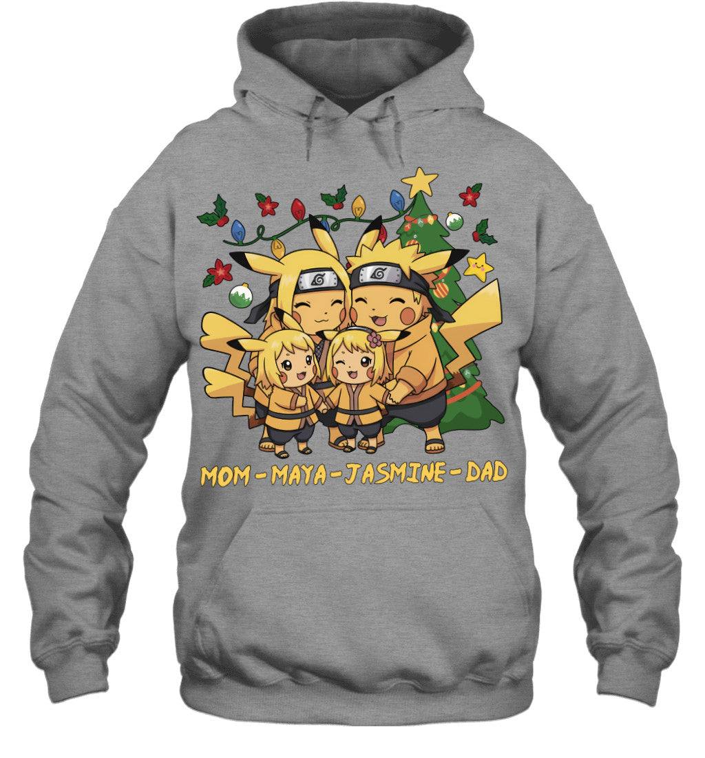 Pikachu x Naruto Parents & Daughters Custom Name Christmas T-Shirt for Family