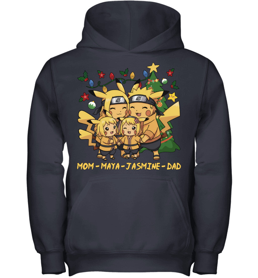 Pikachu x Naruto Parents & Daughters Custom Name Christmas T-Shirt for Family