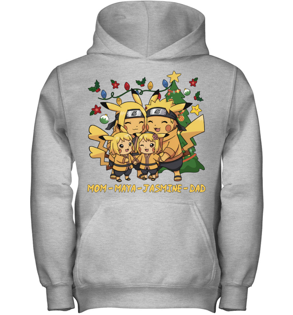 Pikachu x Naruto Parents & Daughters Custom Name Christmas T-Shirt for Family
