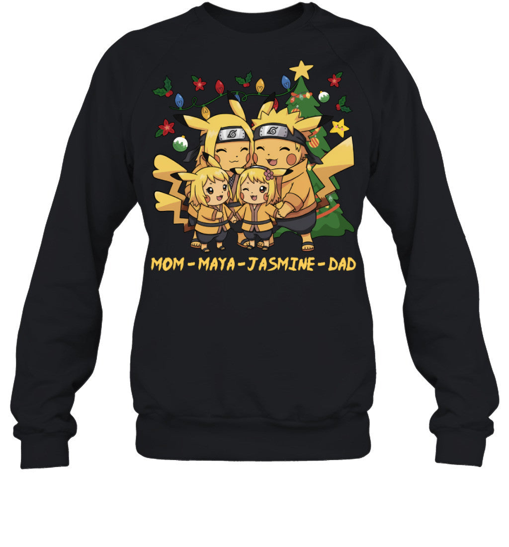 Pikachu x Naruto Parents & Daughters Custom Name Christmas T-Shirt for Family