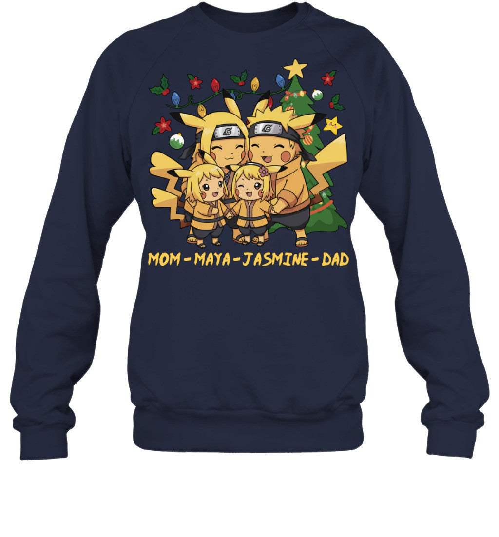 Pikachu x Naruto Parents & Daughters Custom Name Christmas T-Shirt for Family