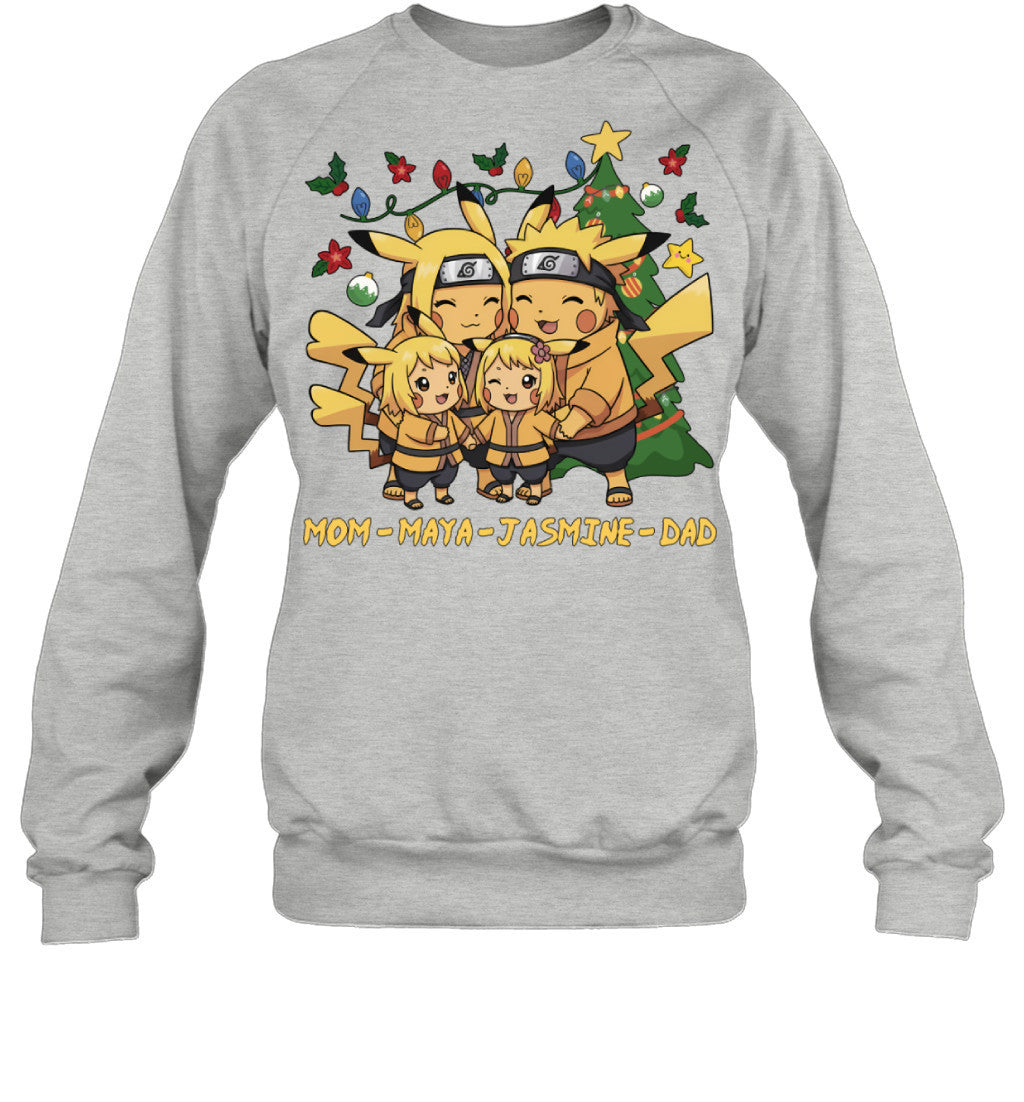 Pikachu x Naruto Parents & Daughters Custom Name Christmas T-Shirt for Family