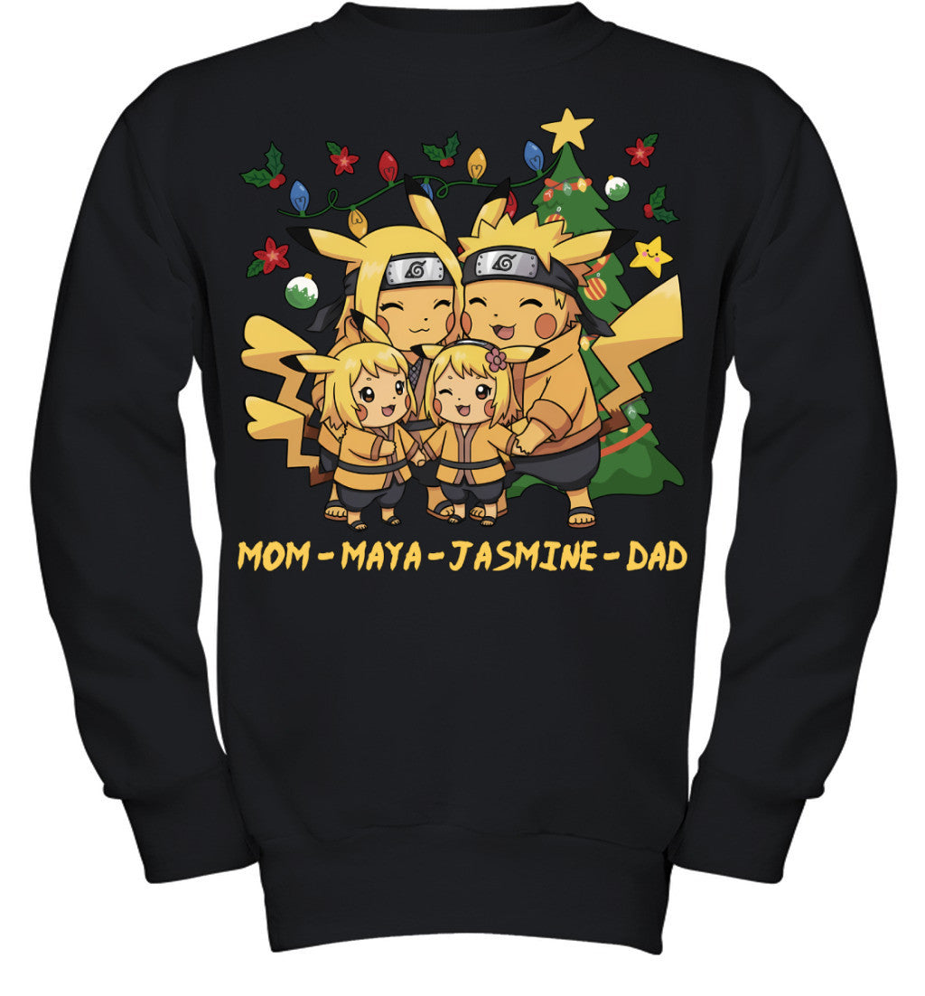 Pikachu x Naruto Parents & Daughters Custom Name Christmas T-Shirt for Family
