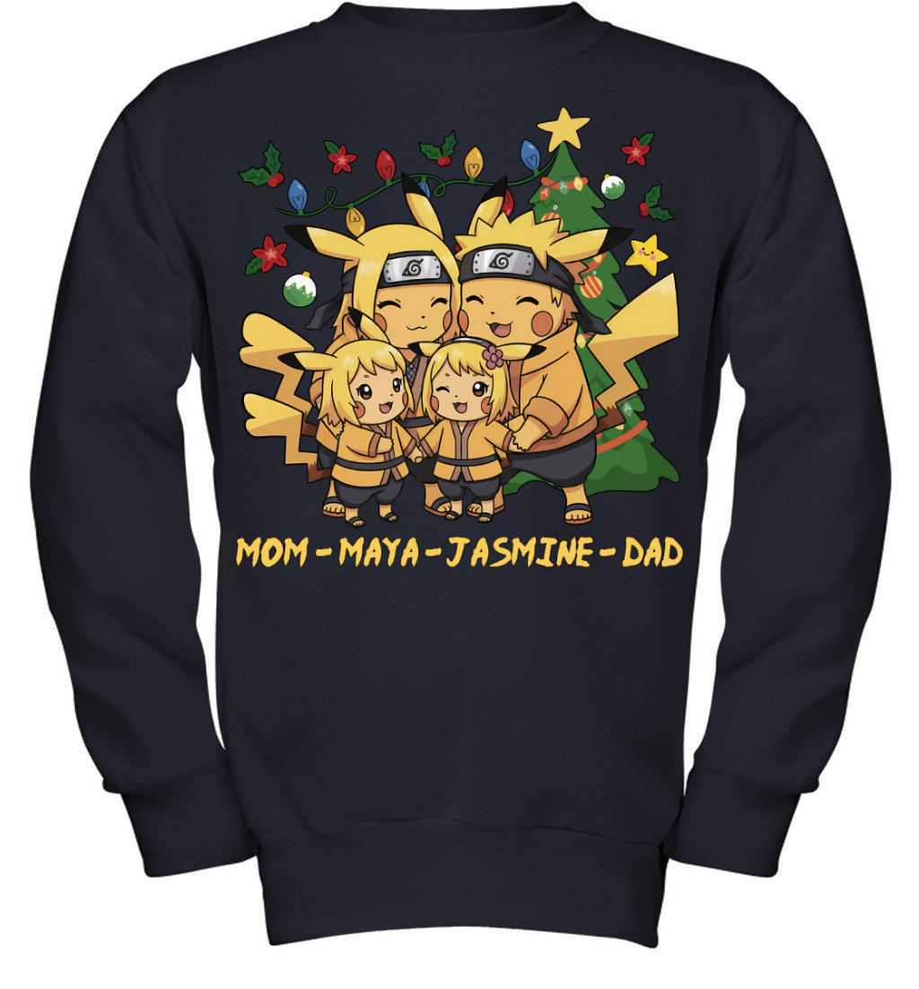 Pikachu x Naruto Parents & Daughters Custom Name Christmas T-Shirt for Family