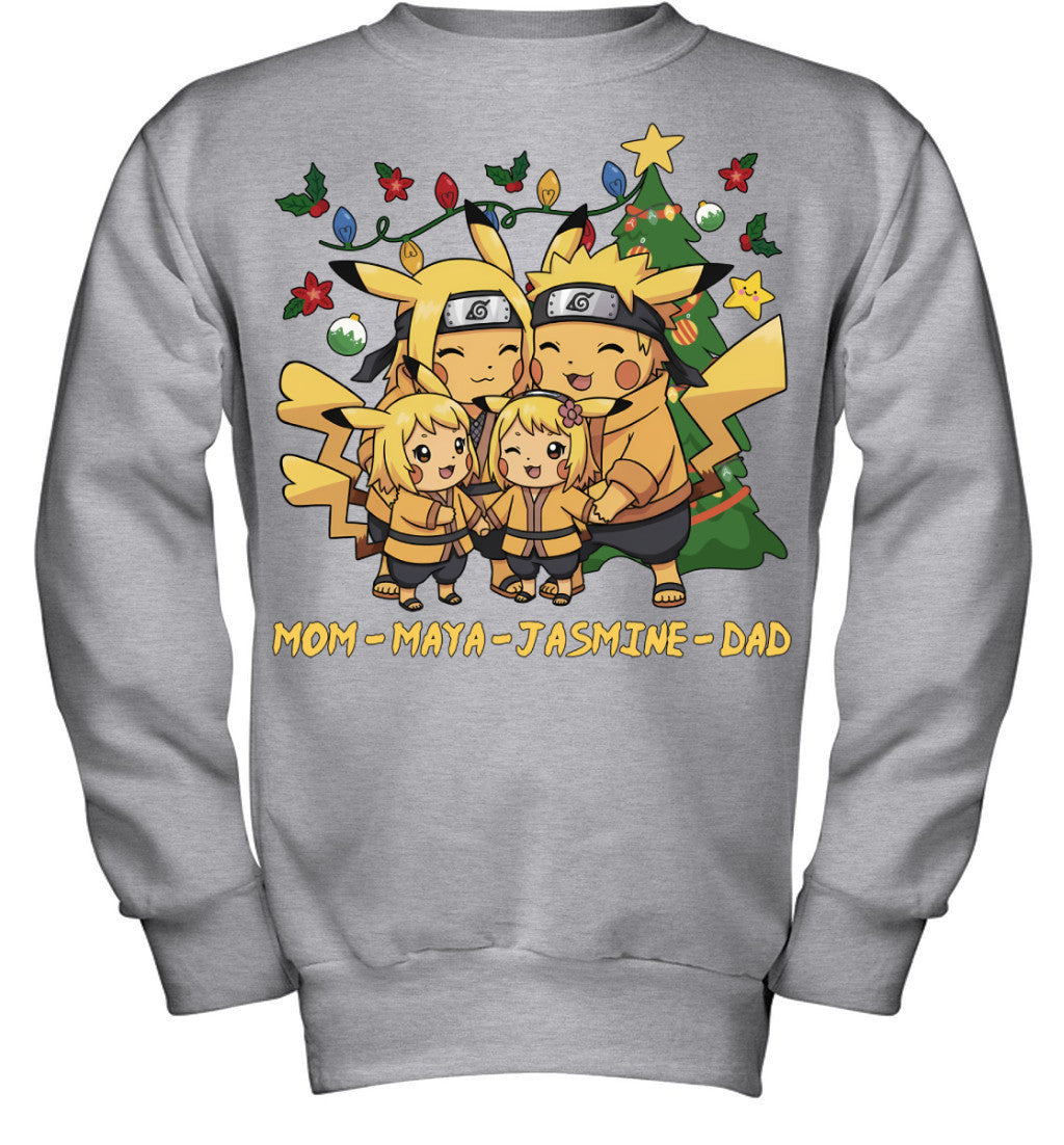 Pikachu x Naruto Parents & Daughters Custom Name Christmas T-Shirt for Family