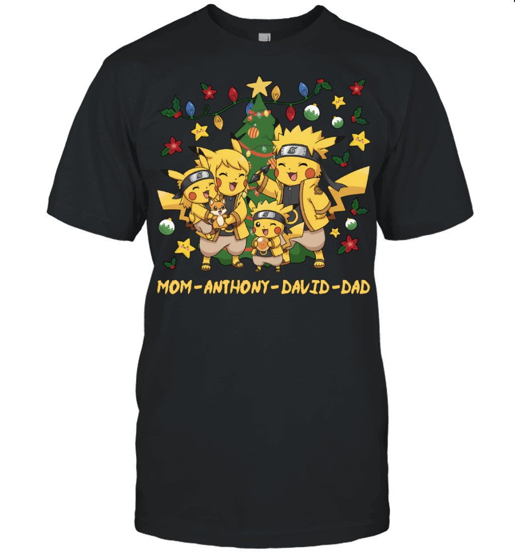 Pikachu x Naruto Parents & Sons Custom Name Christmas T-Shirt for Family