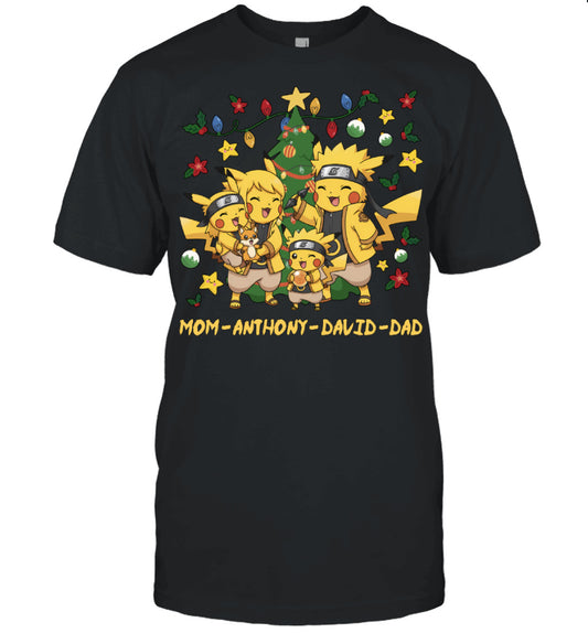 Pikachu x Naruto Parents & Sons Custom Name Christmas T-Shirt for Family