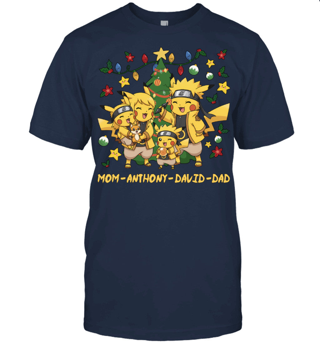 Pikachu x Naruto Parents & Sons Custom Name Christmas T-Shirt for Family