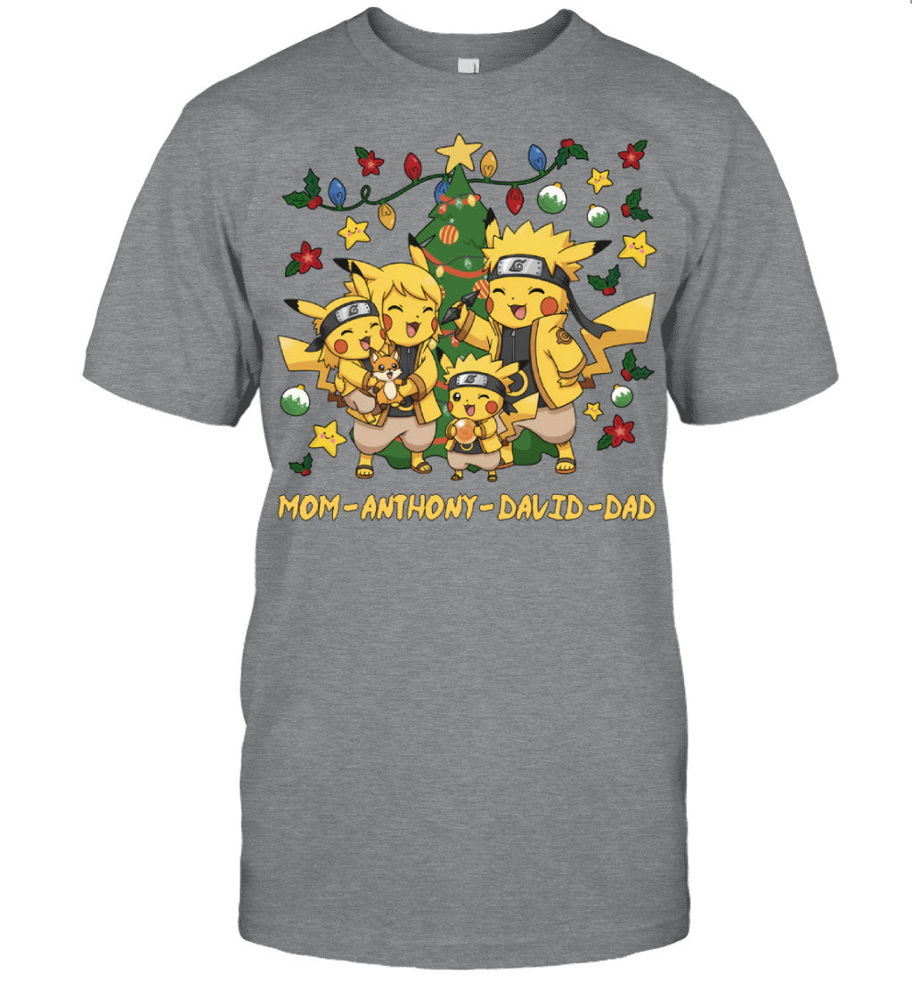 Pikachu x Naruto Parents & Sons Custom Name Christmas T-Shirt for Family