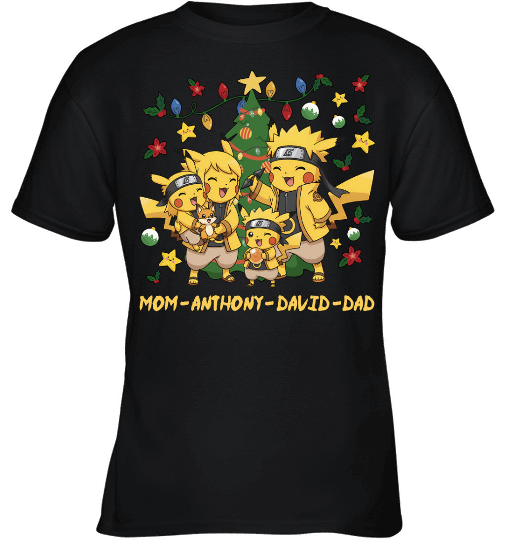 Pikachu x Naruto Parents & Sons Custom Name Christmas T-Shirt for Family