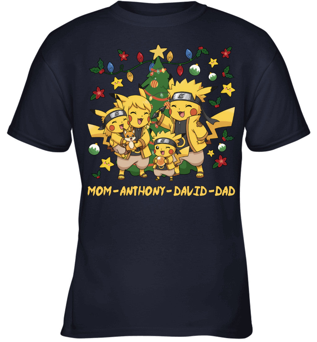 Pikachu x Naruto Parents & Sons Custom Name Christmas T-Shirt for Family