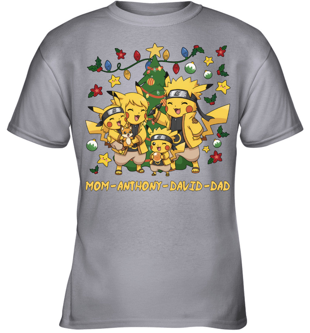 Pikachu x Naruto Parents & Sons Custom Name Christmas T-Shirt for Family