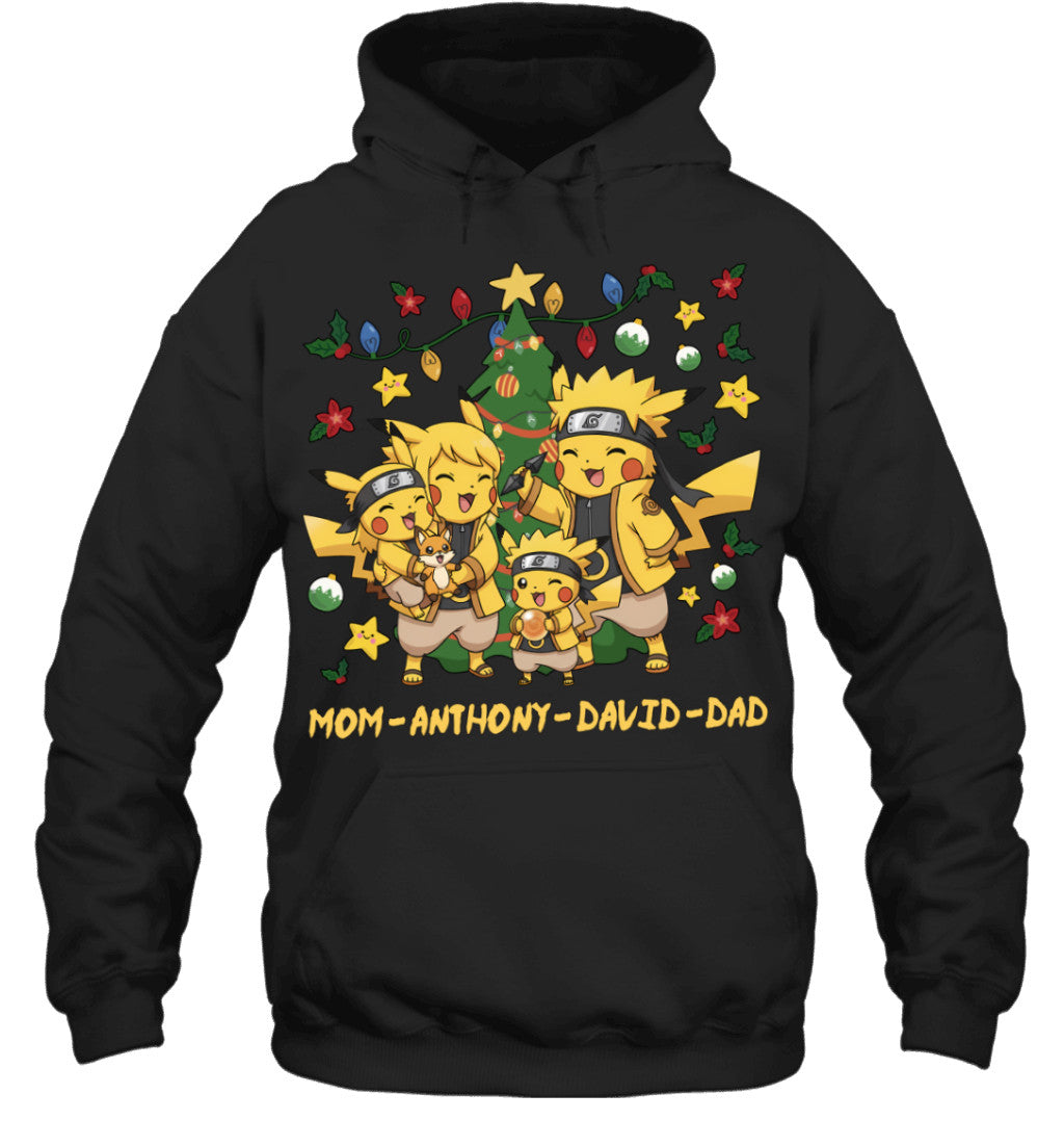 Pikachu x Naruto Parents & Sons Custom Name Christmas T-Shirt for Family