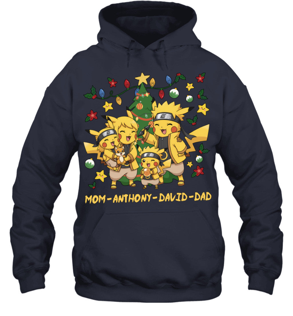 Pikachu x Naruto Parents & Sons Custom Name Christmas T-Shirt for Family