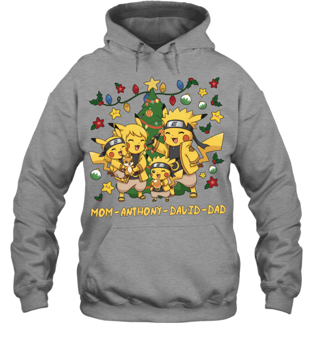 Pikachu x Naruto Parents & Sons Custom Name Christmas T-Shirt for Family