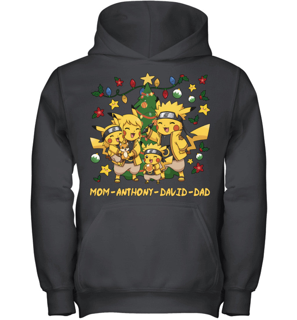 Pikachu x Naruto Parents & Sons Custom Name Christmas T-Shirt for Family