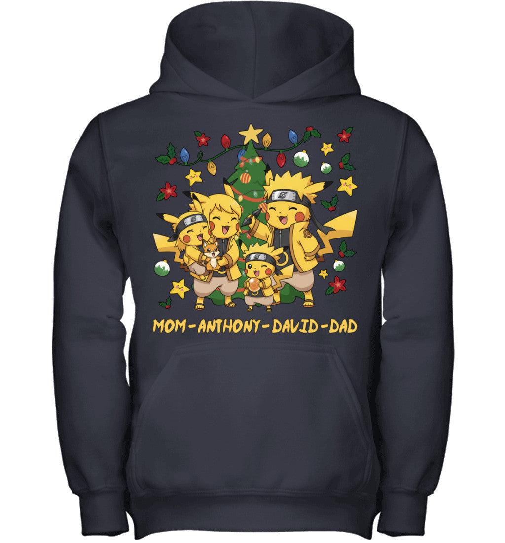 Pikachu x Naruto Parents & Sons Custom Name Christmas T-Shirt for Family