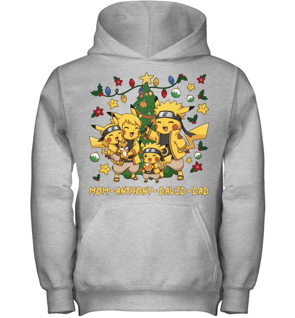 Pikachu x Naruto Parents & Sons Custom Name Christmas T-Shirt for Family