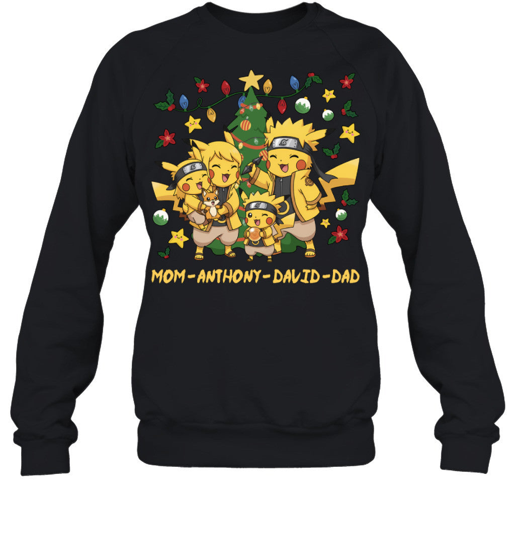 Pikachu x Naruto Parents & Sons Custom Name Christmas T-Shirt for Family