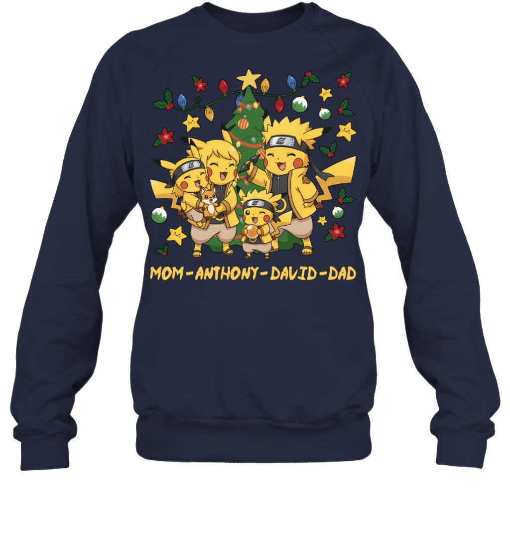 Pikachu x Naruto Parents & Sons Custom Name Christmas T-Shirt for Family