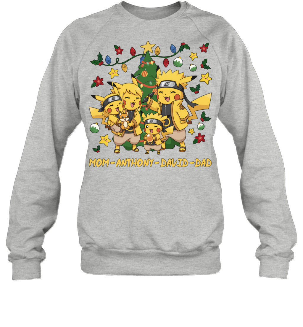 Pikachu x Naruto Parents & Sons Custom Name Christmas T-Shirt for Family