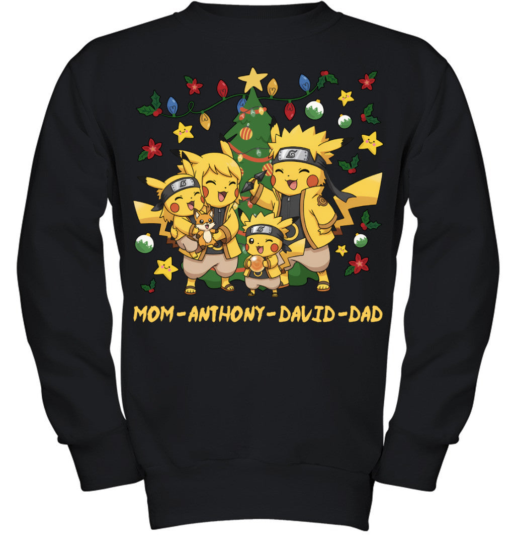 Pikachu x Naruto Parents & Sons Custom Name Christmas T-Shirt for Family