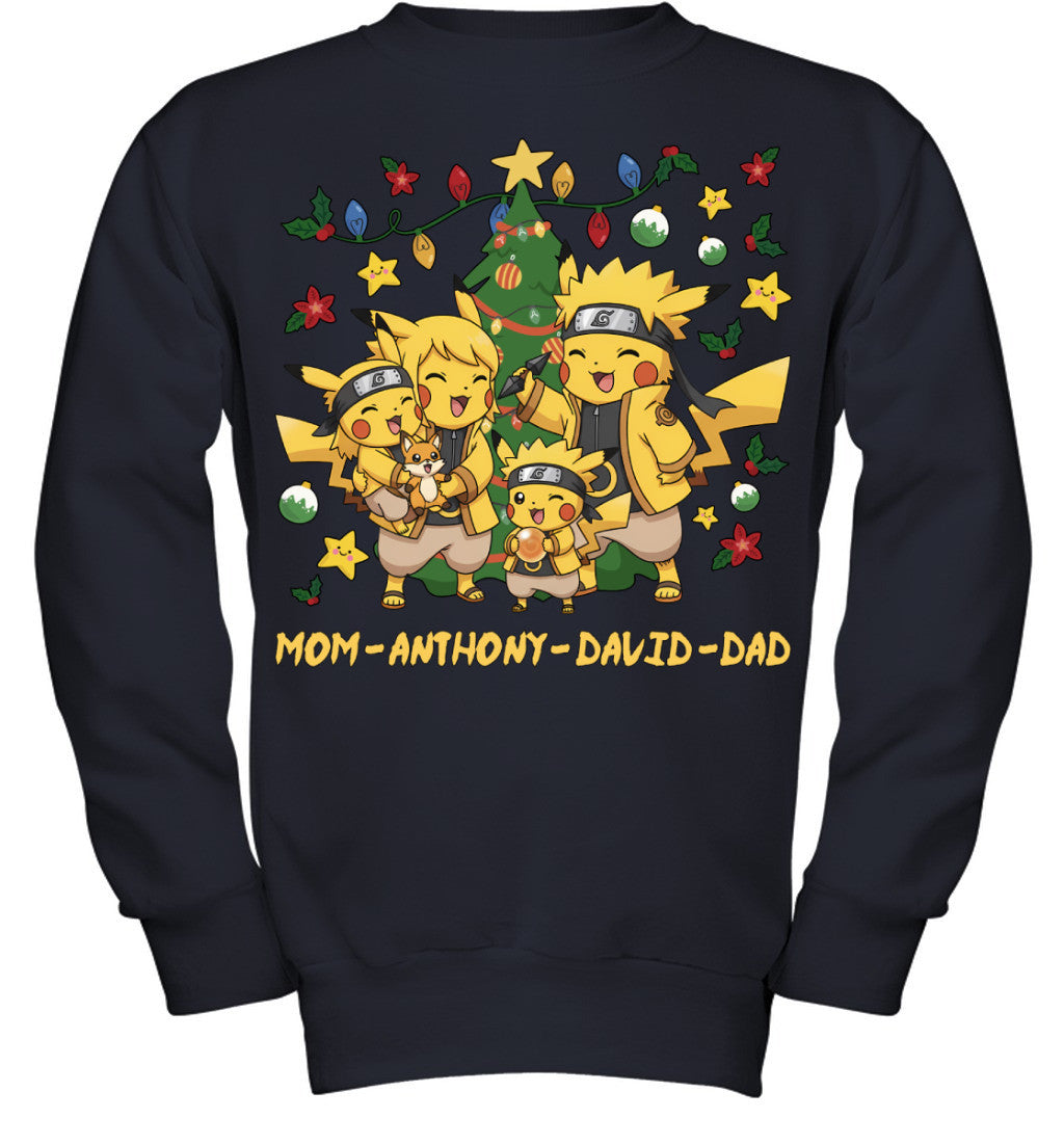 Pikachu x Naruto Parents & Sons Custom Name Christmas T-Shirt for Family