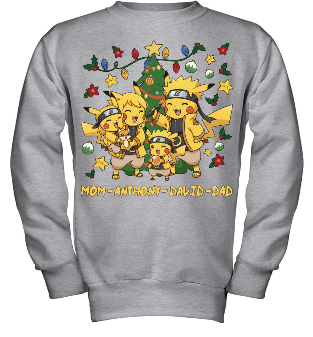 Pikachu x Naruto Parents & Sons Custom Name Christmas T-Shirt for Family